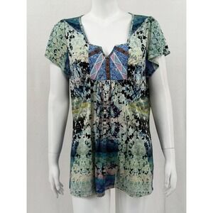 One World Top Women XL Green Abstract Floral Lace Boho Stretch Artsy Embroidered